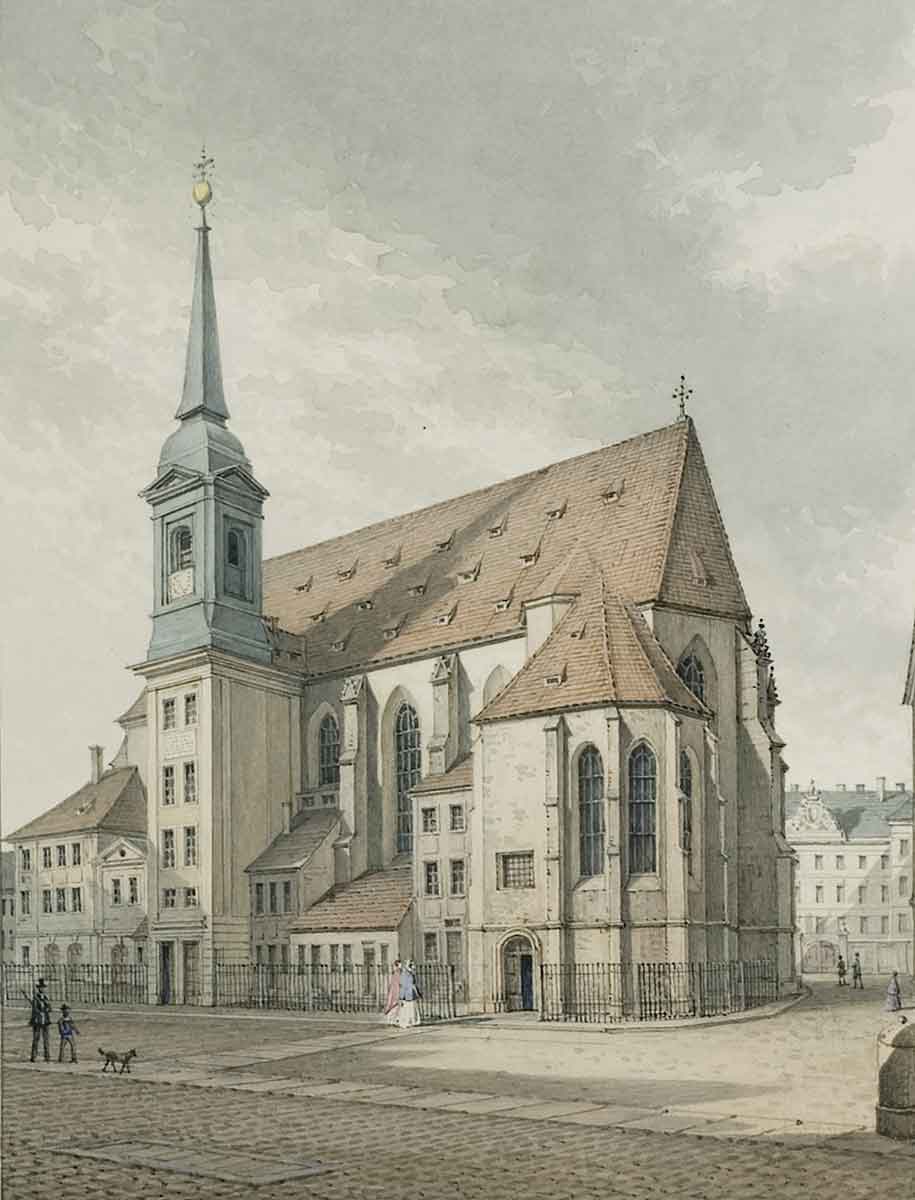Die Sophienkirche von Südosten mit Glockenturm von 1737 und Busmannkapelle – Aquarell von Christian Gottlob Hammer, 1852